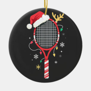 Tennispeddel met kerstmuts en kerstverlichting keramisch ornament