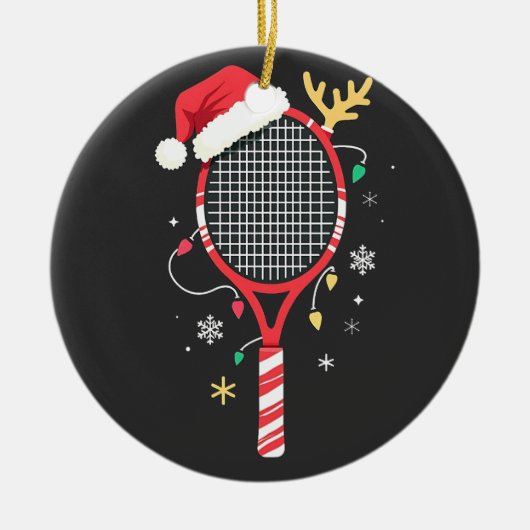 Tennispeddel met kerstmuts en kerstverlichting keramisch ornament (Voorkant)