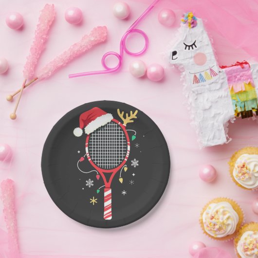 Tennispeddel met kerstmuts en kerstverlichting papieren bordje (Feest)