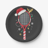 Tennispeddel met kerstmuts en kerstverlichting papieren bordje (Voorkant)