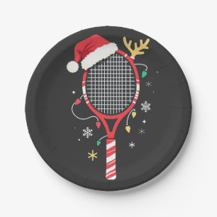 Tennispeddel met kerstmuts en kerstverlichting papieren bordje