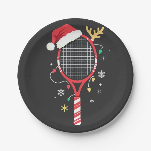 Tennispeddel met kerstmuts en kerstverlichting papieren bordje (Voorkant)