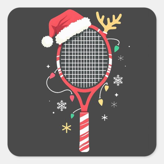 Tennispeddel met kerstmuts en kerstverlichting vierkante sticker (Voorkant)