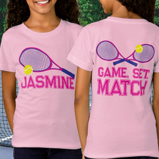 Tennisracket en bal roze blauw grafisch op maat t-shirt