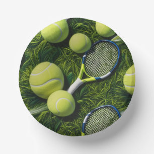 Tennisracket en bal voor tennisliefhebbers papieren kommen