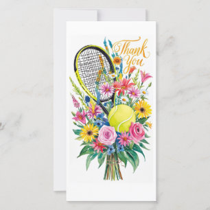Tennisracket met bol en bloemetjes waterverf bedankkaart
