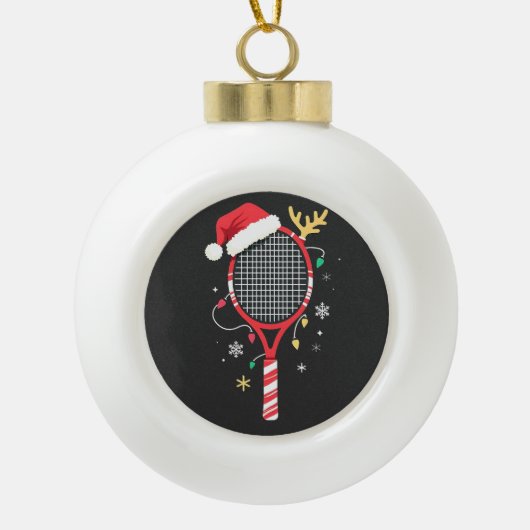 Tennisracket met Kerstmanhoed en Kerstverlichting Keramische Bal Ornament (Voorkant)