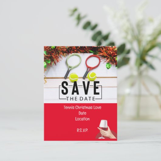 Tennisracket met Kerstmis Save the Date Party Kaart (Staand voorkant)