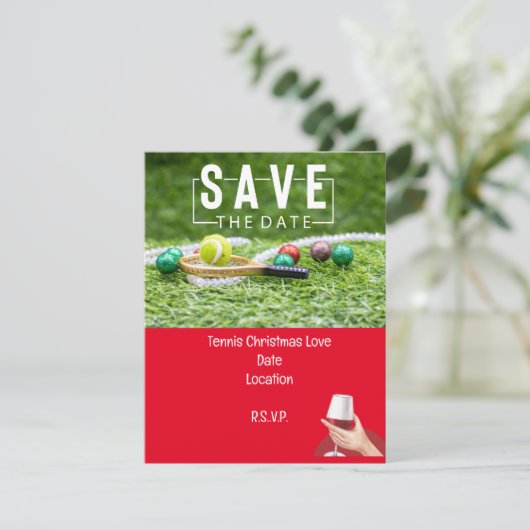 Tennisracket met Kerstmis Save the Date Party Kaart (Staand voorkant)