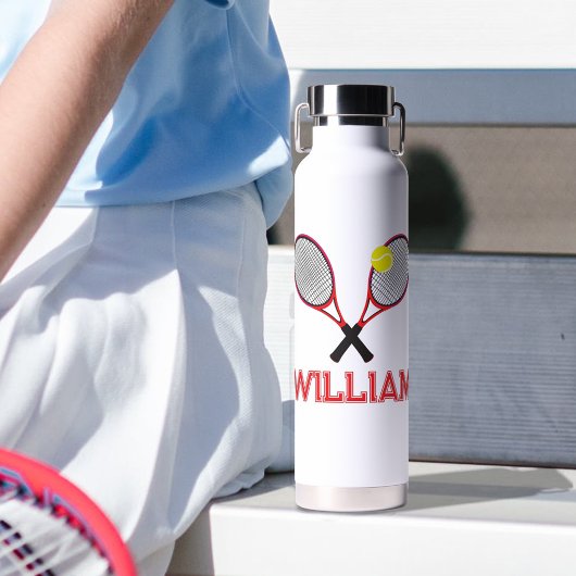 Tennisracket rood zwart wit gepersonaliseerd waterfles