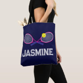 Tennisracket roze blauw gepersonaliseerd tote bag (Dichtbij)