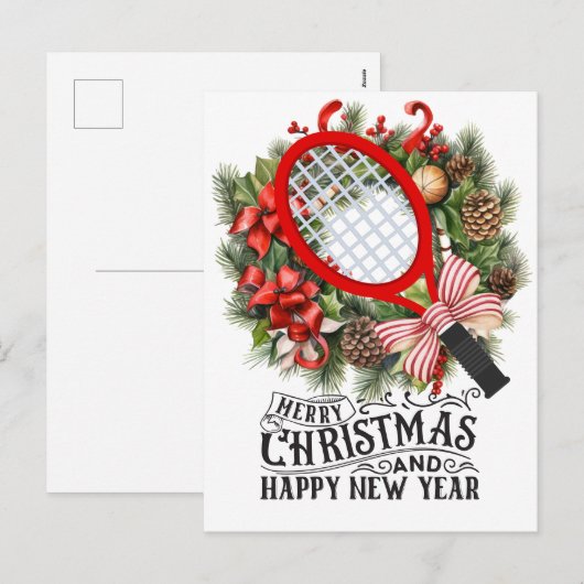 Tennisracket voor Kerstmis en Nieuwjaar Speler Feestdagenkaart (Voorkant / Achterkant)