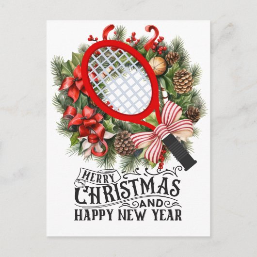 Tennisracket voor Kerstmis en Nieuwjaar Speler Feestdagenkaart (Voorkant)