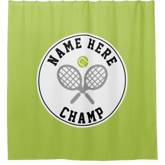 Tennisrackets, balkampioen en spelersnaam groen douchegordijn (Voorkant)