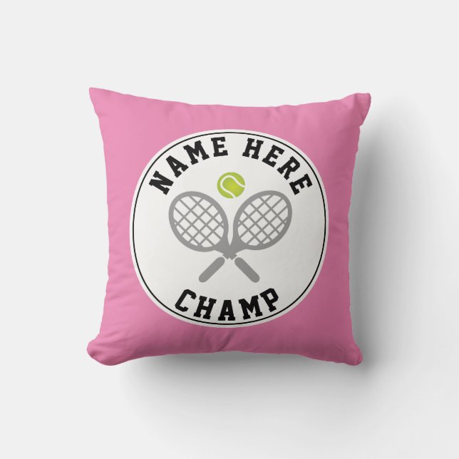 Tennisrackets en ball champs en spelernamen roze kussen (Voorkant)