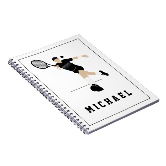 Tennisspeler die een forehand slaat & naam van kin notitieboek (Rechterzijde)