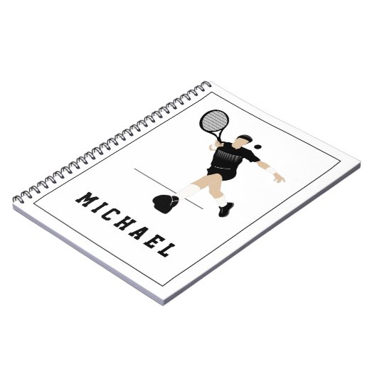 Tennisspeler die een forehand slaat & naam van kin notitieboek (Linkerzijde)