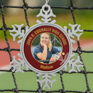 Tennisspeler Foto Hoge School Maroon Goud Tin Sneeuwvlok Ornament