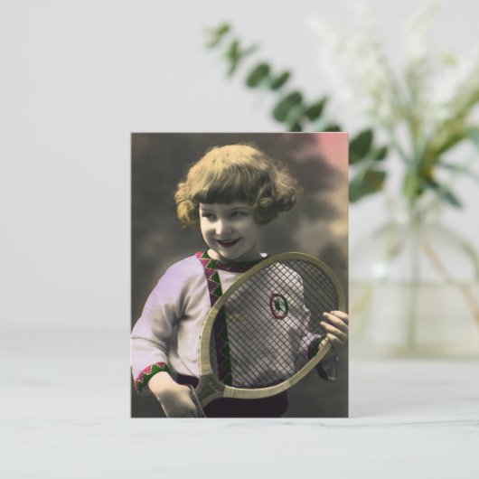  Tennissport, Happy Girl met Racket Briefkaart (Staand voorkant)