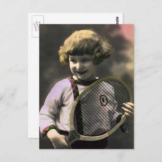  Tennissport, Happy Girl met Racket Briefkaart (Voorkant / Achterkant)