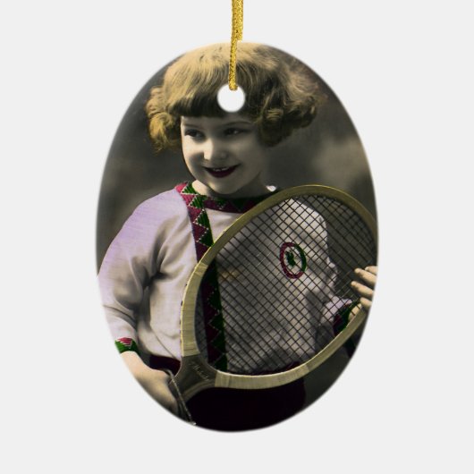  Tennissport, Happy Girl met Racket Keramisch Ornament (Voorkant)