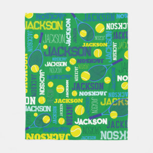 Tennissporten groen wit blauw geel aangepaste naam fleece deken