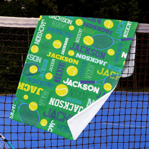 Tennissporten groen wit blauw geel aangepaste naam handdoek