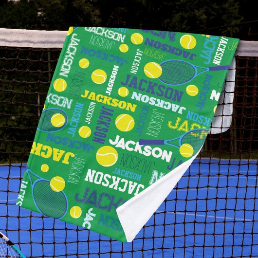 Tennissporten groen wit blauw geel aangepaste naam handdoek