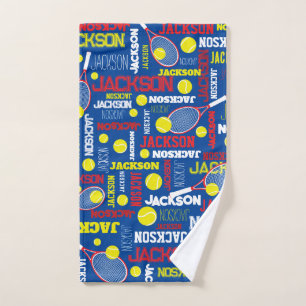 Tennissporten rood wit blauw geel aangepaste naam handdoek
