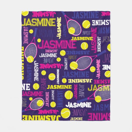 Tennissporten roze wit blauw geel aangepaste naam fleece deken (Voorkant)