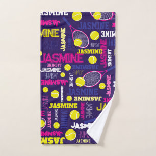 Tennissporten roze wit blauw geel aangepaste naam handdoek