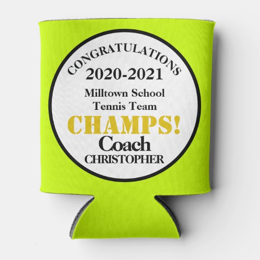 Tennisteam nummer één coach geel groen blikjeskoeler (Voorkant)