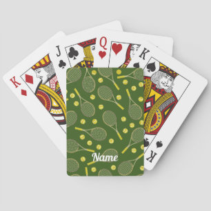 Tennisthema met racket en bal met naam pokerkaarten