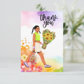 Tennisvrouw met bloemen bedankkaart (Staand voorkant)