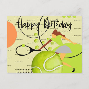 Tennisvrouw speelt Happy Birthday op geel Briefkaart