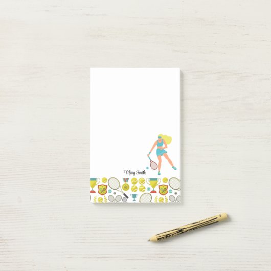Tennisvrouw speler met naam post-it® notes (Op bureau)
