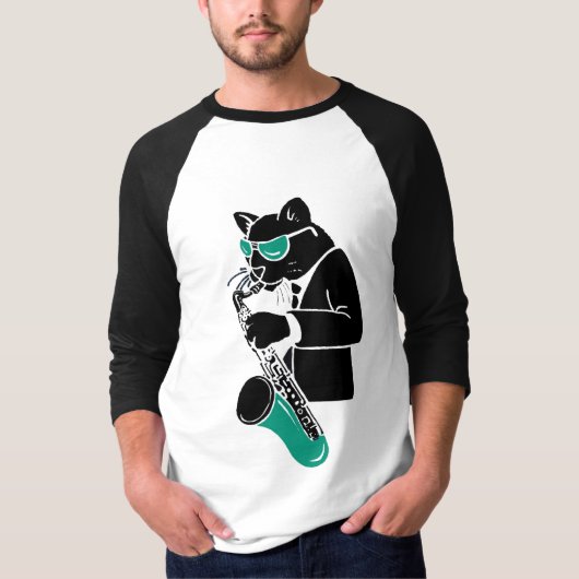 Tenor Sax Cat - Blauwgroen T-shirt (Voorkant)