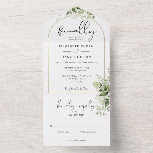 Tenslotte Gold Arch Botanical Greenery Wedding All In One Uitnodiging (Binnen)