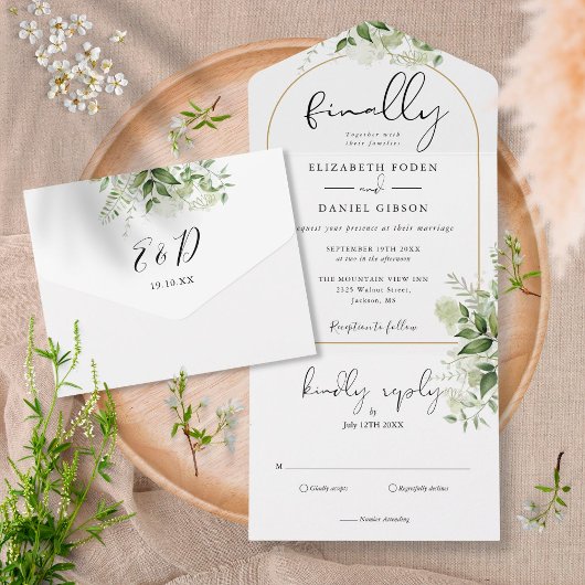 Tenslotte Gold Arch Botanical Greenery Wedding All In One Uitnodiging