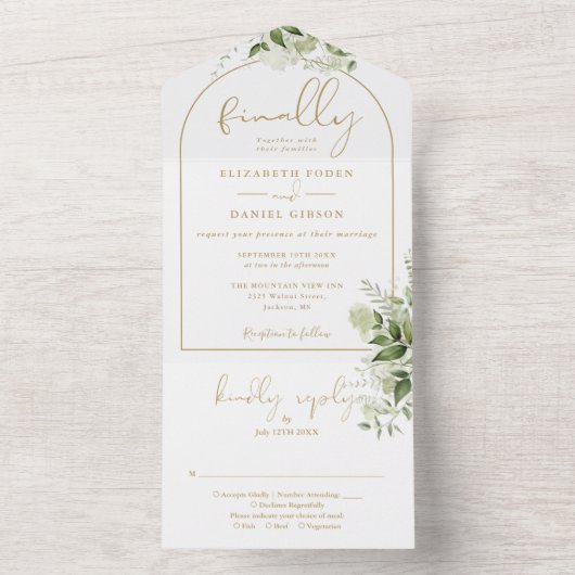 Tenslotte Gold Arch Greenery Floral Wedding All In One Uitnodiging (Binnen)
