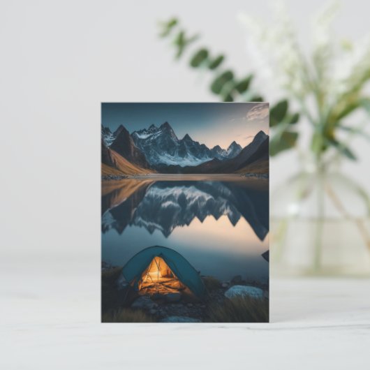 Tent, bergen en het meer Camping Theme Art Briefkaart (Staand voorkant)