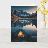 Tent, bergen en het meer Camping Theme Art Kaart (Gele Bloem)
