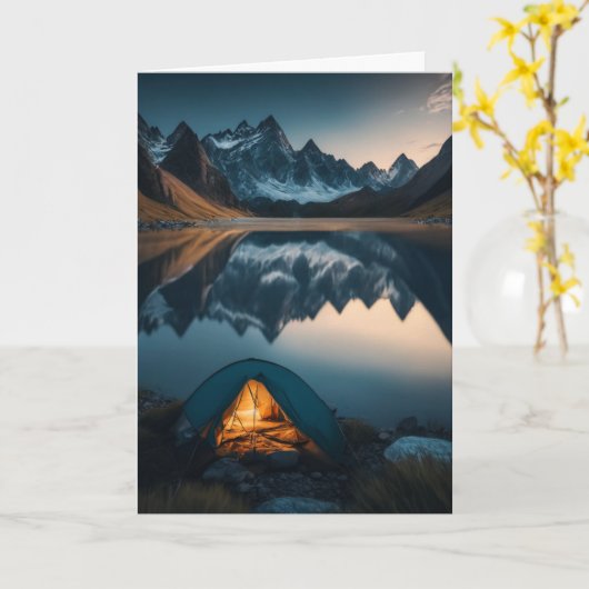 Tent, bergen en het meer Camping Theme Art Kaart (Gele Bloem)