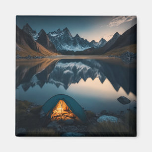 Tent, bergen en het meer Camping Theme Art Magneet