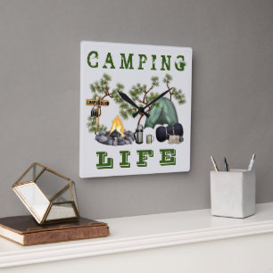 Tent Camping Life Wall Clock Vierkante Klok
