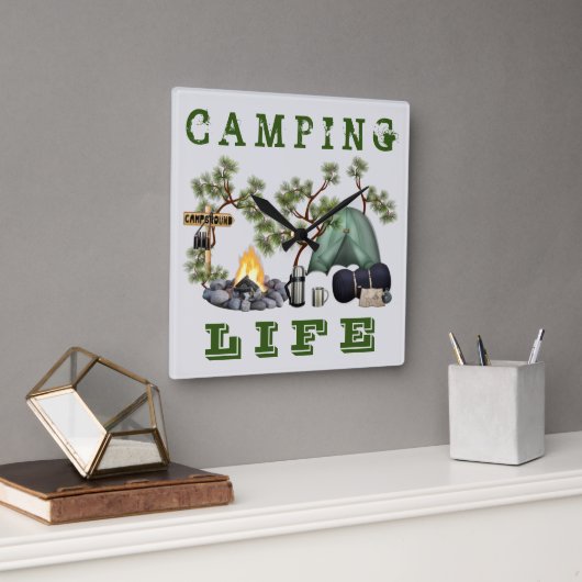 Tent Camping Life Wall Clock Vierkante Klok (Kantoor)