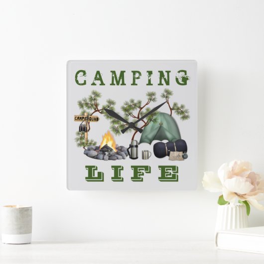 Tent Camping Life Wall Clock Vierkante Klok (Huis)