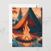 Tent en Campfire  Kleuren Kunst Briefkaart (Voorkant / Achterkant)