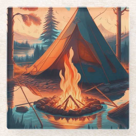 Tent en Campfire  Kleuren Kunst Glazen Onderzetter (Voorkant)