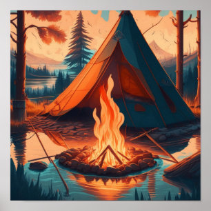 Tent en Campfire  Kleuren Kunst Poster
